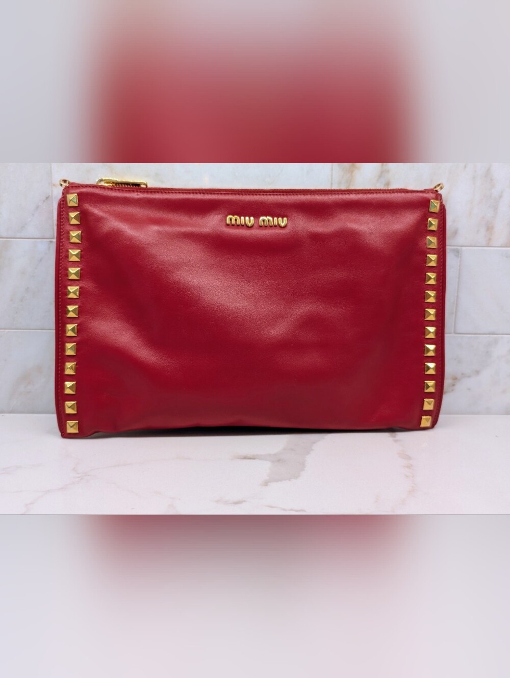 Miu Miu Red Leather Zip Pouch With Detachable Jewelry Strap
